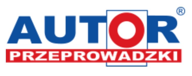 Logo firmy Autor Przeprowadzki: niebieski napis 'AUTOR', czerwone 'O', czerwony pasek z białym napisem 'PRZEPROWADZKI'.