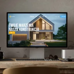 Ekran monitora prezentuje stronę internetową firmy EkoDom z nowoczesnym domem. Widoczne menu, logo i hasło: Twoje marzenia, nasza konstrukcja. Minimalistyczny design.