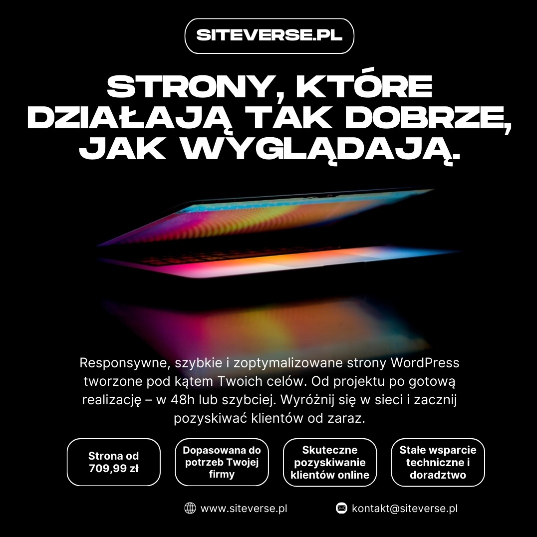 Strona internetowa na ekranie laptopa, z dynamicznymi kolorami i hasłem: 'Strony, które działają tak dobrze, jak wyglądają.' Domena siteverse.pl w tle.