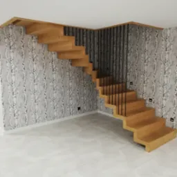 Nowoczesne, ażurowe schody z balustradą w Starachowicach. Stopnie z jasnego drewna kontrastują z ciemnymi, pionowymi elementami balustrady i tapetą w motywie brzozy.