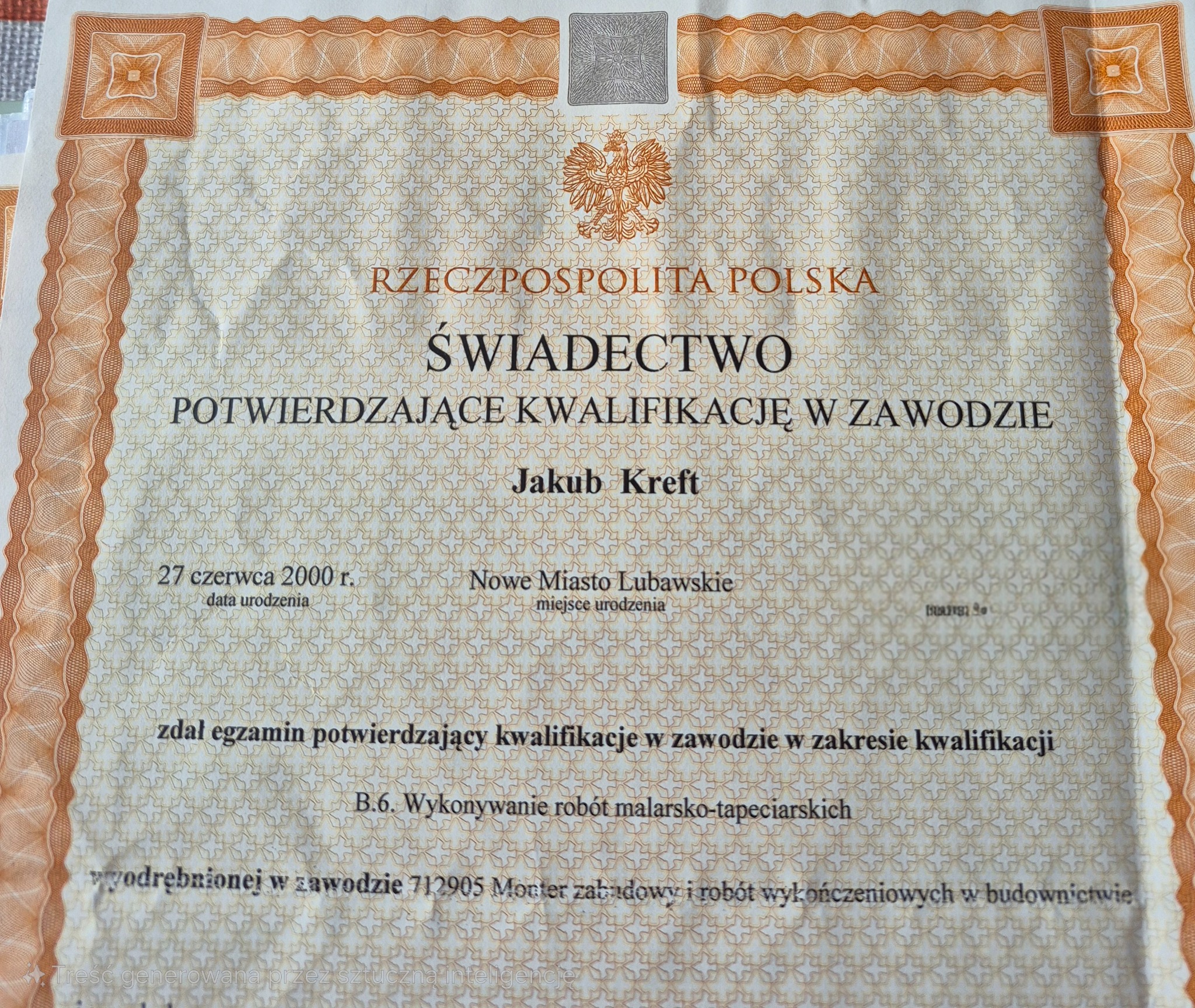 Świadectwo potwierdzające kwalifikacje zawodowe w zakresie robót malarsko-tapeciarskich, wydane w Rzeczpospolitej Polskiej, z danymi osobowymi Jakuba Krefta.