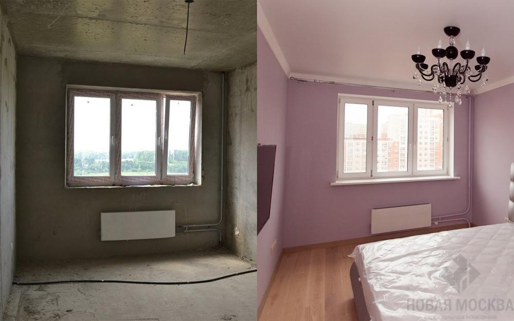 Zdjęcie 'przed i po' przedstawia pokój: surowy stan deweloperski kontra wykończone wnętrze z fioletowymi ścianami, parkietem i ozdobnym żyrandolem.