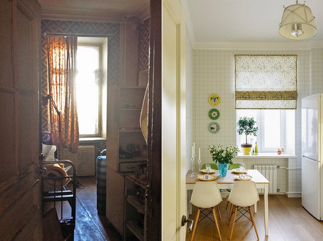 Zdjęcie 'przed i po' przedstawia metamorfozę kuchni: od ciemnego, zagraconego wnętrza do jasnej, odnowionej przestrzeni z nowoczesnym stołem i krzesłami.