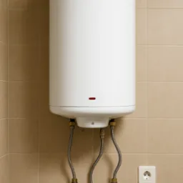 Biały, wiszący bojler elektryczny na tle beżowych płytek. Widoczne podłączenia z zaworami i elastycznymi wężami oraz gniazdko elektryczne.