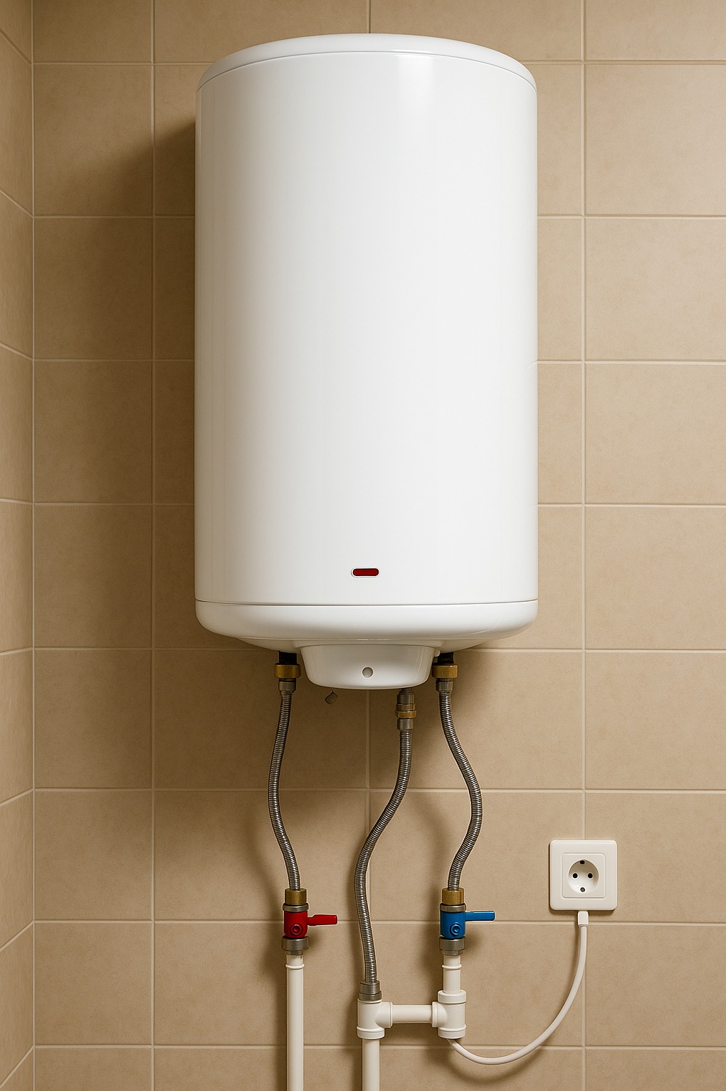 Biały, wiszący bojler elektryczny na tle beżowych płytek. Widoczne podłączenia z zaworami i elastycznymi wężami oraz gniazdko elektryczne.