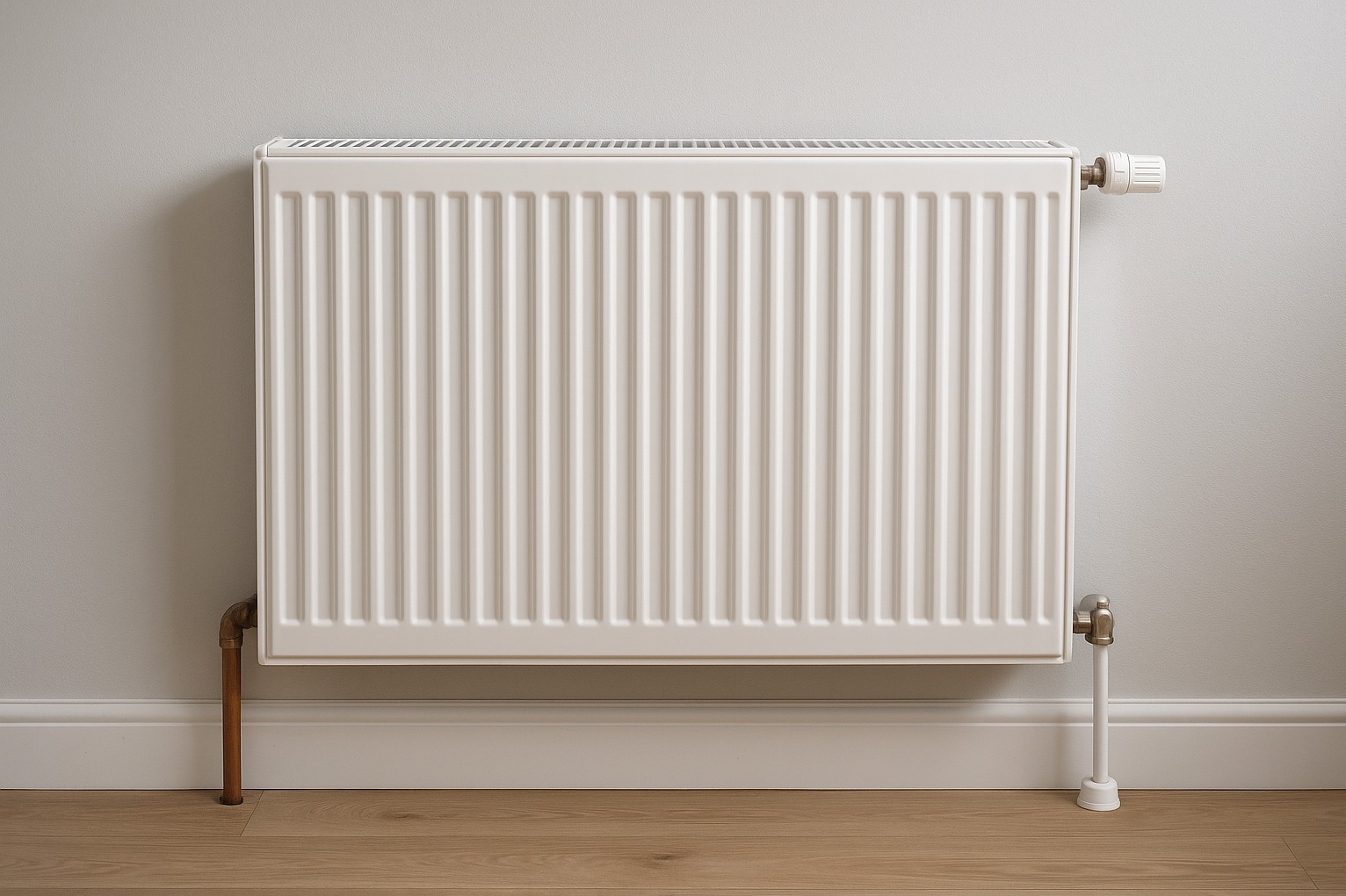 Biały grzejnik panelowy zamontowany na ścianie z widocznymi rurami miedzianymi i termostatem. Estetyczny montaż na tle drewnianej podłogi i białej listwy przypodłogowej.