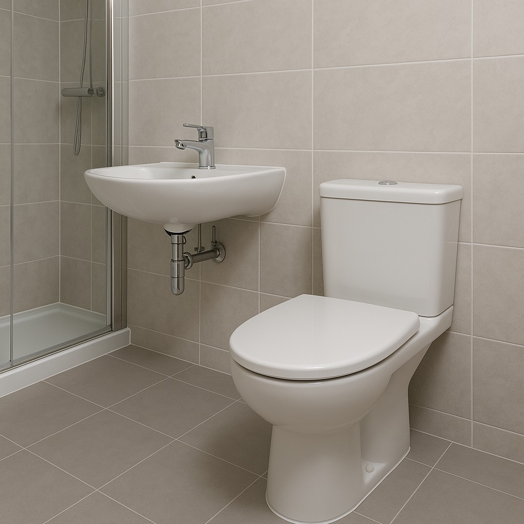 Nowoczesna łazienka z białą toaletą kompaktową, umywalką i kabiną prysznicową. Beżowe płytki podłogowe i ścienne, chromowana armatura, minimalistyczny design.