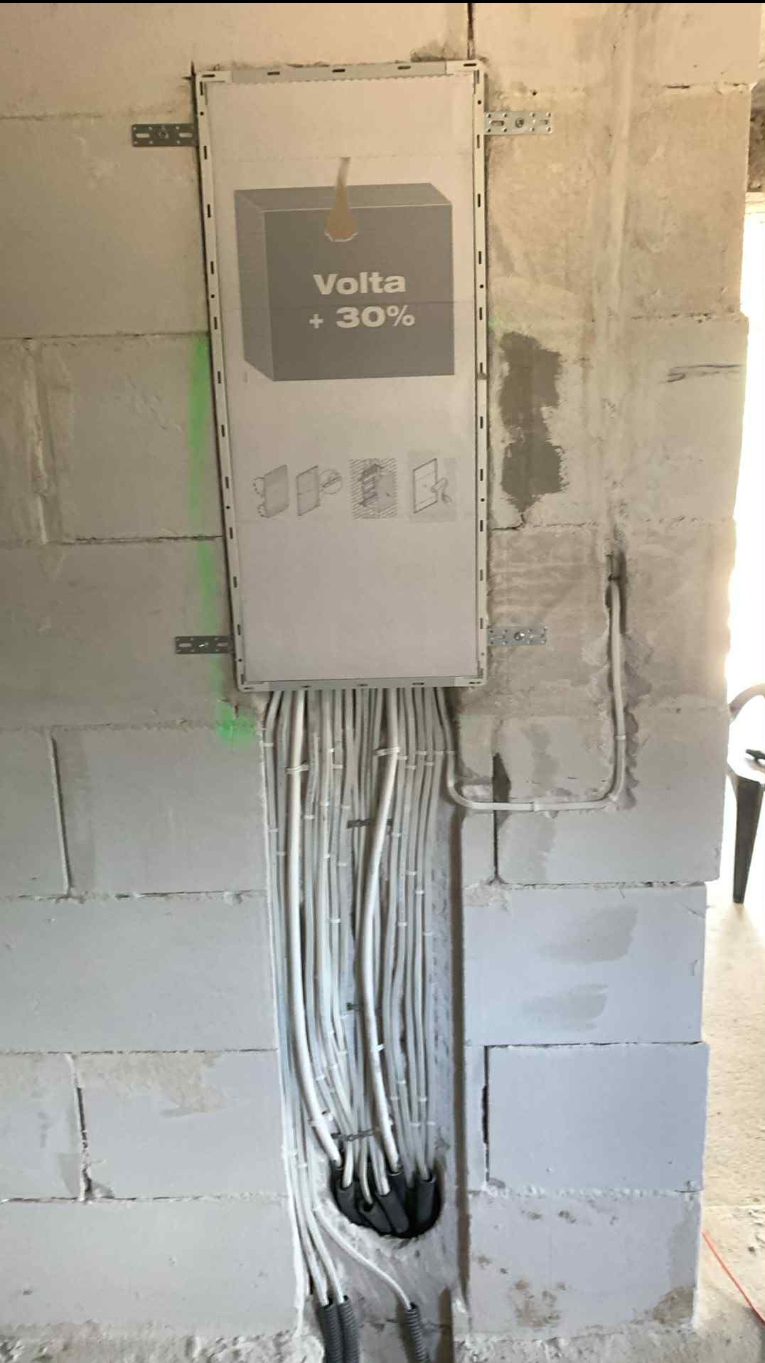 Montaż rozdzielnicy Volta z licznymi kablami w ścianie z betonu komórkowego, widoczne mocowania i schematy na obudowie. Instalacja elektryczna w trakcie prac.