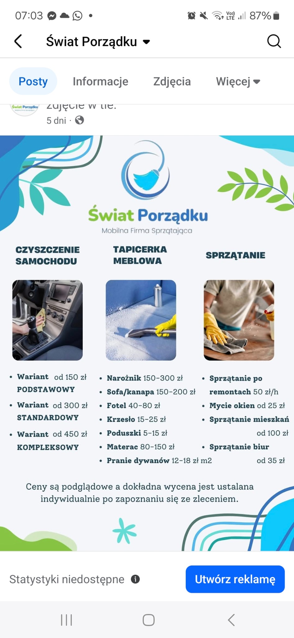 Grafika reklamowa firmy 'Świat Porządku' oferującej czyszczenie samochodów, tapicerki meblowej, sprzątanie po remontach, mieszkań i biur. Widoczne ceny usług.