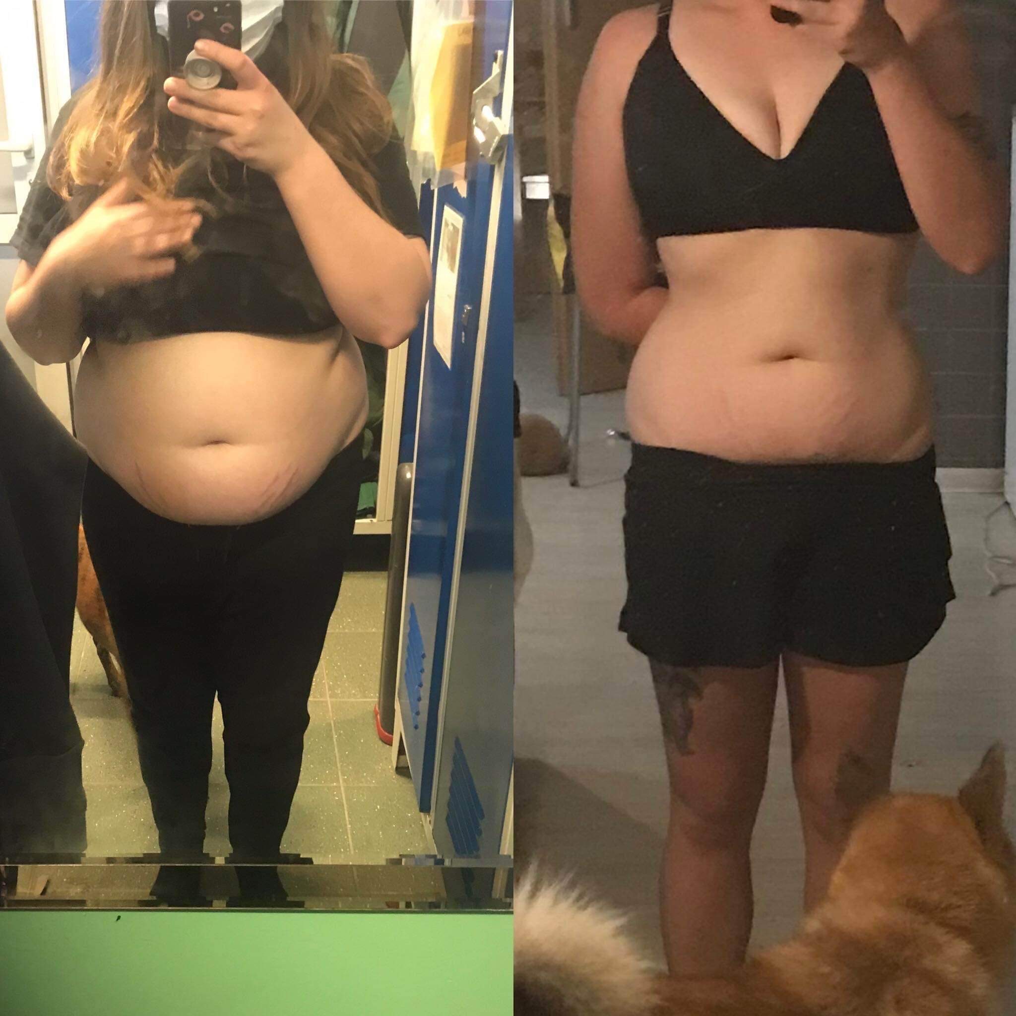 Zdjęcie typu 'przed i po' ukazuje metamorfozę sylwetki kobiety. Po lewej stronie widoczna osoba przed zmianą, po prawej – po. Porównanie efektów treningów i diety.