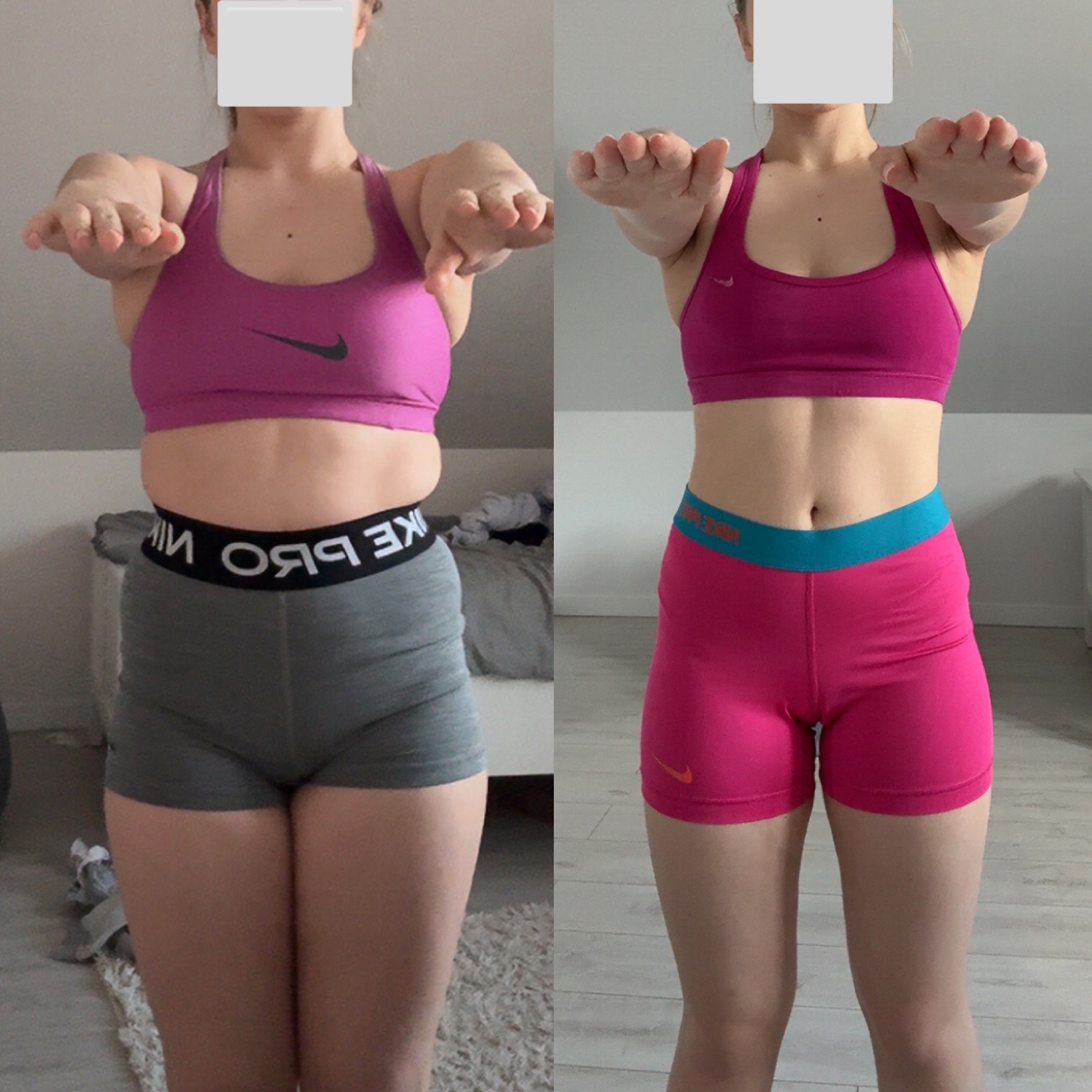 Zdjęcie 'przed i po' metamorfozy sylwetki kobiety w sportowym stroju: po lewej sylwetka przed, po prawej po treningach. Widoczne zmiany w budowie ciała i napięciu mięśni.