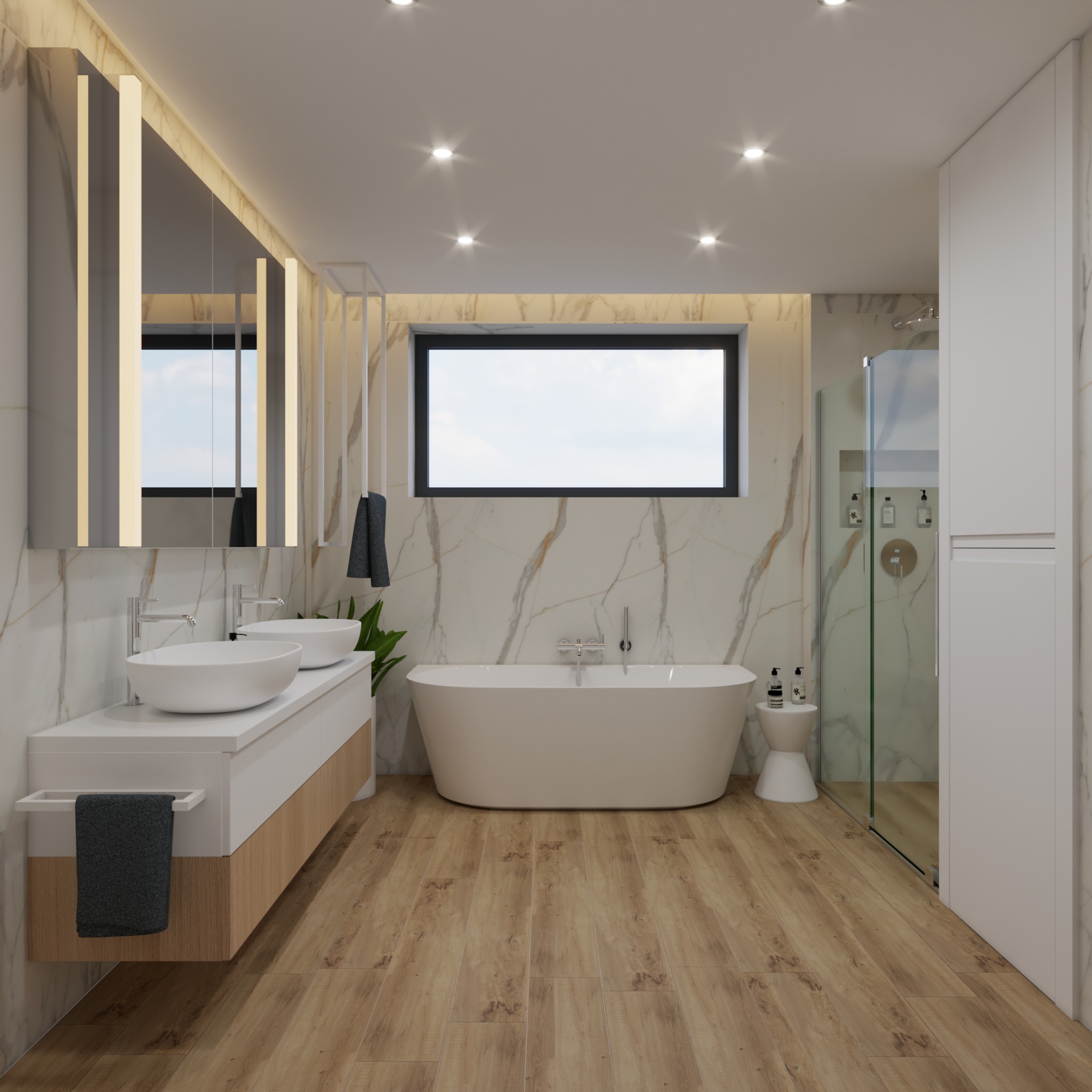 Nowoczesna łazienka z marmurowymi ścianami, drewnianą podłogą i wolnostojącą wanną. Umywalki nablatowe i podświetlane lustro dodają elegancji.