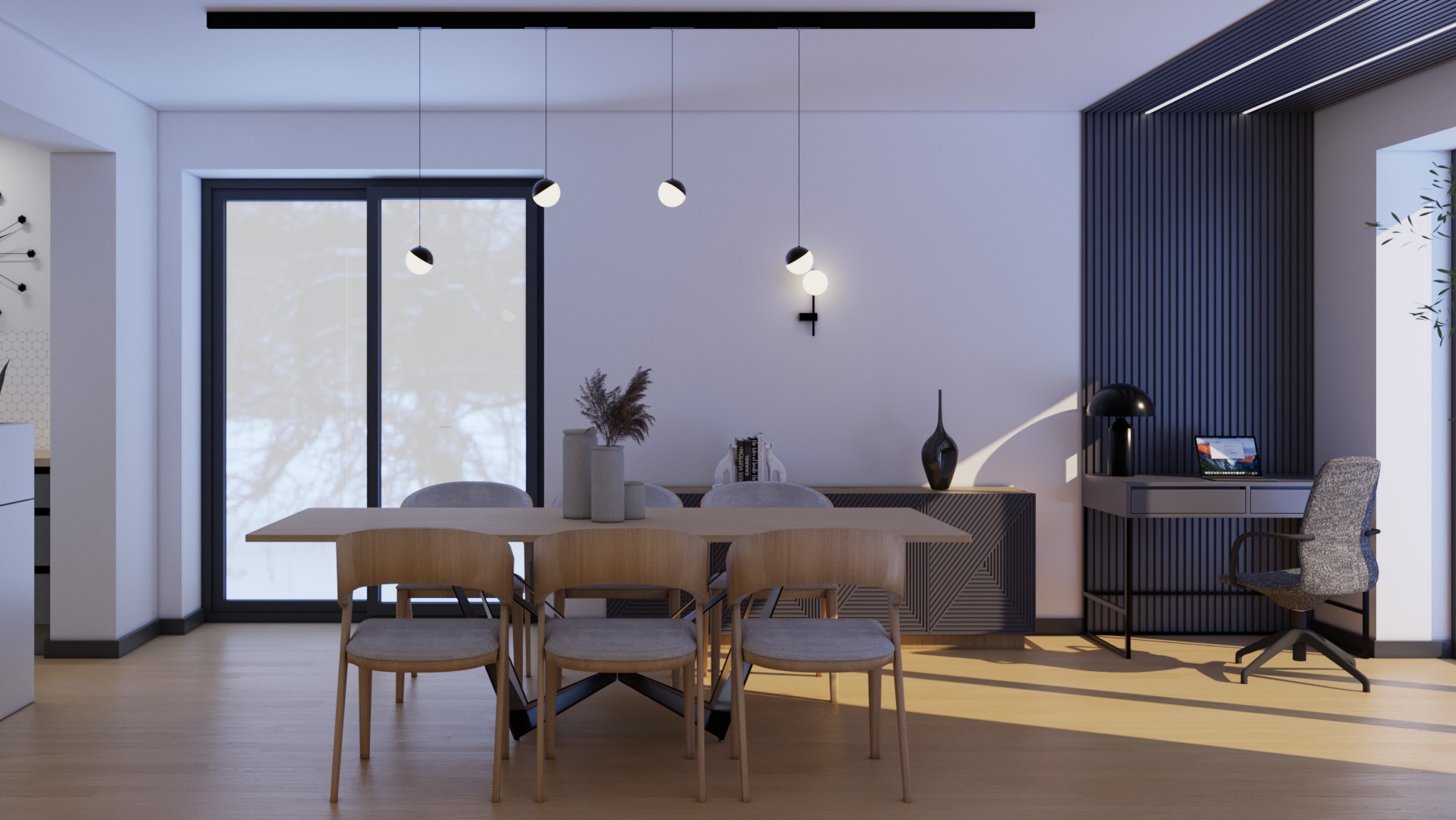 Nowoczesna jadalnia z drewnianym stołem i krzesłami, minimalistycznym oświetleniem i biurkiem w tle. Subtelne detale dekoracyjne i ciepłe światło tworzą przytulną atmosferę.