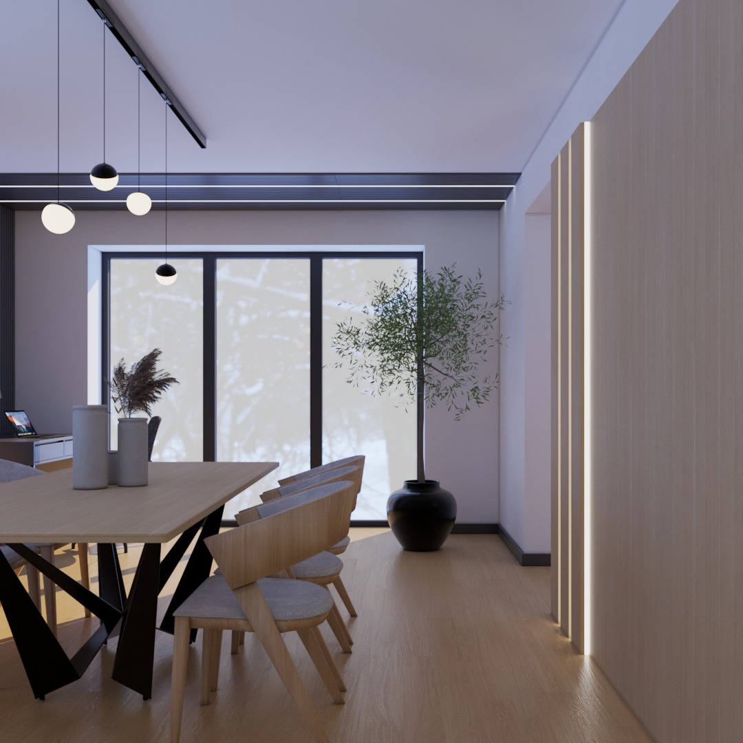 Jasna jadalnia z drewnianym stołem na czarnej podstawie, krzesłami z szarego materiału i dużym oknem z widokiem na zewnątrz. Minimalistyczne oświetlenie i roślina w donicy.