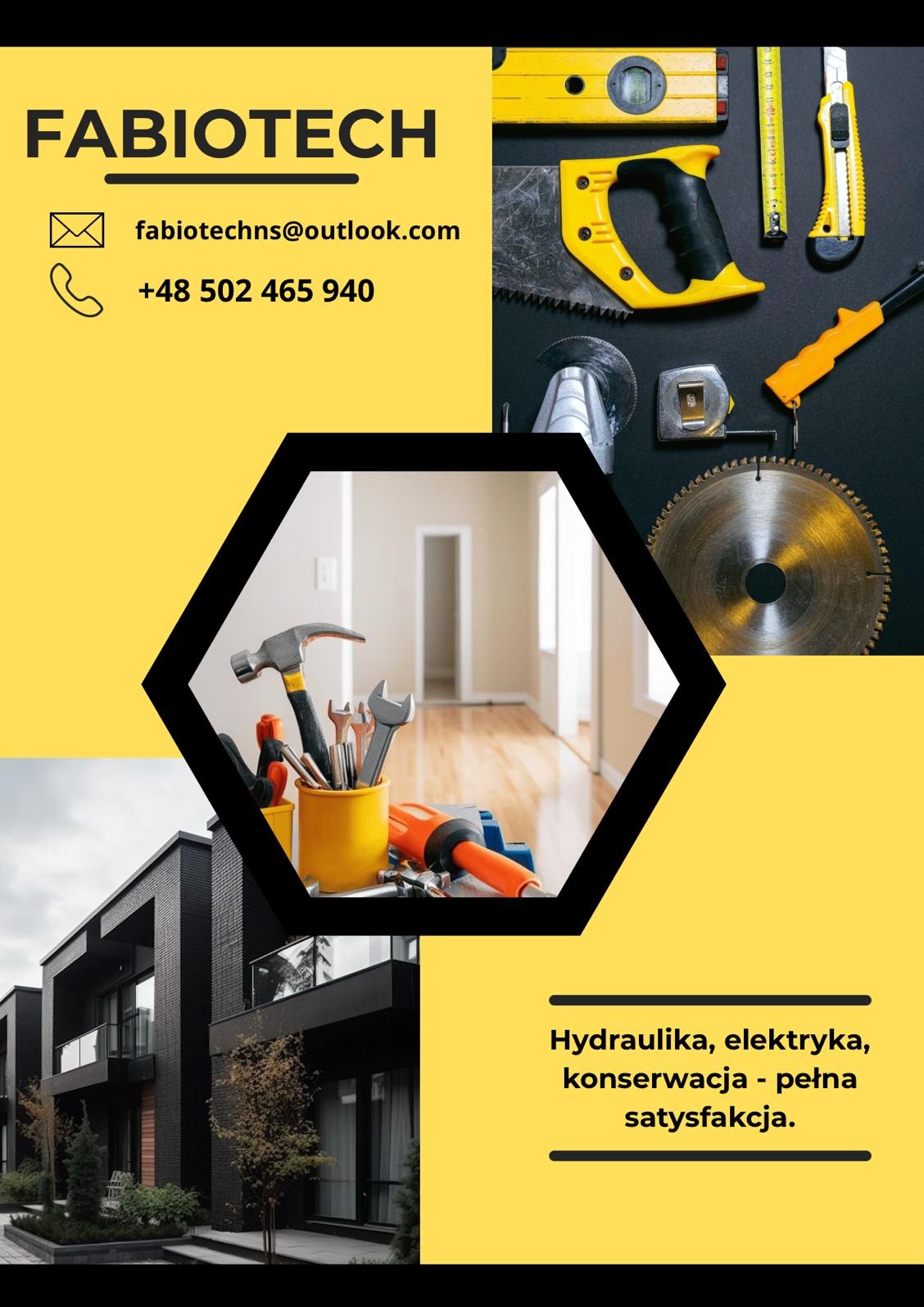 Żółto-czarny kolaż reklamowy: narzędzia, budynek i wnętrze. Oferta usług hydraulicznych, elektrycznych i konserwacyjnych.
