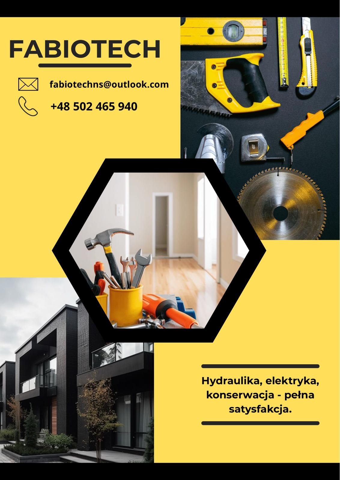 Żółto-czarny kolaż reklamowy: narzędzia, budynek, wnętrze, dane kontaktowe i hasło 'Hydraulika, elektryka, konserwacja - pełna satysfakcja'.