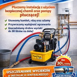 Grzegorz Rotter - Profesjonalne płukanie instalacji CO: żółta pompa 'Power Flush' podłączona do kotła Vaillant, usuwająca kamień i uszczelniająca wycieki do 30l/dobę.