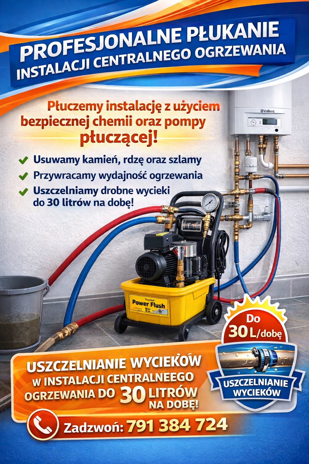 Profesjonalne płukanie instalacji CO: żółta pompa 'Power Flush' podłączona do kotła Vaillant, usuwająca kamień i uszczelniająca wycieki do 30l/dobę.