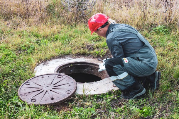 Pracownik w czerwonym kasku, w kombinezonie, notuje dane przy otwartym włazie studzienki kanalizacyjnej na zewnątrz, w otoczeniu trawy i krzewów.