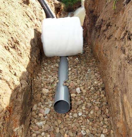 Drenaż w wykopie wypełnionym żwirem, z rurą odprowadzającą wodę i białym filtrem. Widok z góry na instalację w ziemi.