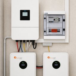 UniEnergy - Kompletna instalacja fotowoltaiczna z falownikiem hybrydowym Deye, dwoma magazynami energii Felicity Solar i skrzynką EPS, zamontowana na jasnej ścianie.