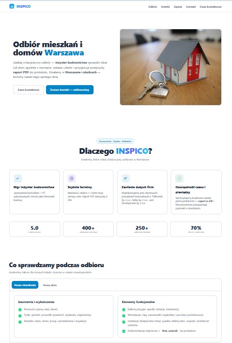 Nowoczesna strona internetowa firmy Inspico z ofertą odbioru mieszkań i domów w Warszawie. Wizualizacja domu z kluczami na stronie.