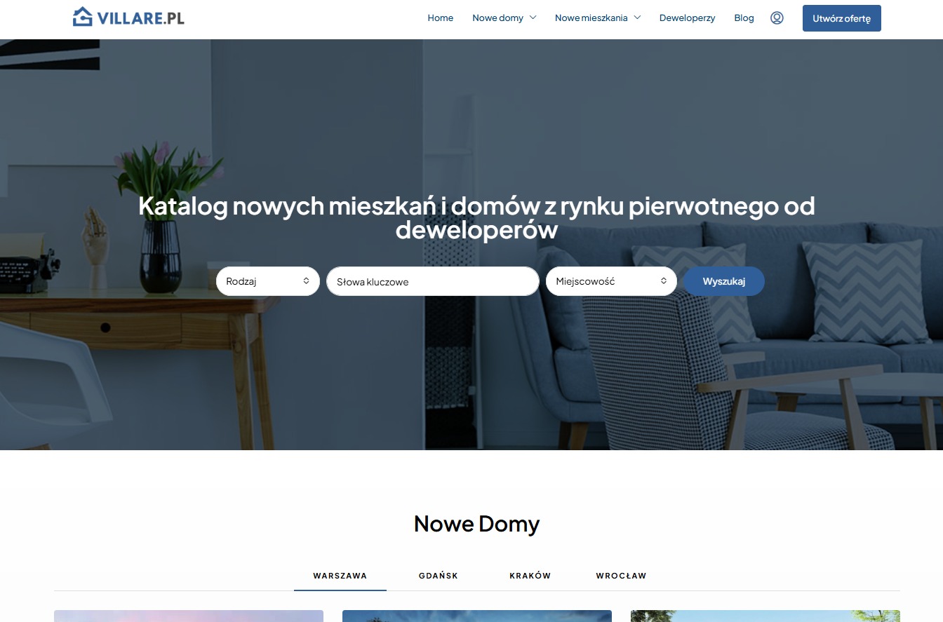 Strona internetowa Villare.pl z katalogiem nowych mieszkań i domów od deweloperów. Widoczne filtry wyszukiwania i nagłówek z logo. Minimalistyczny design.