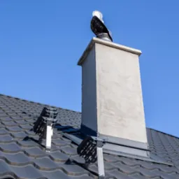 Szary dach z blachy trapezowej z zamontowanymi płotkami przeciwśniegowymi i kominem na tle błękitnego nieba w słoneczny dzień.