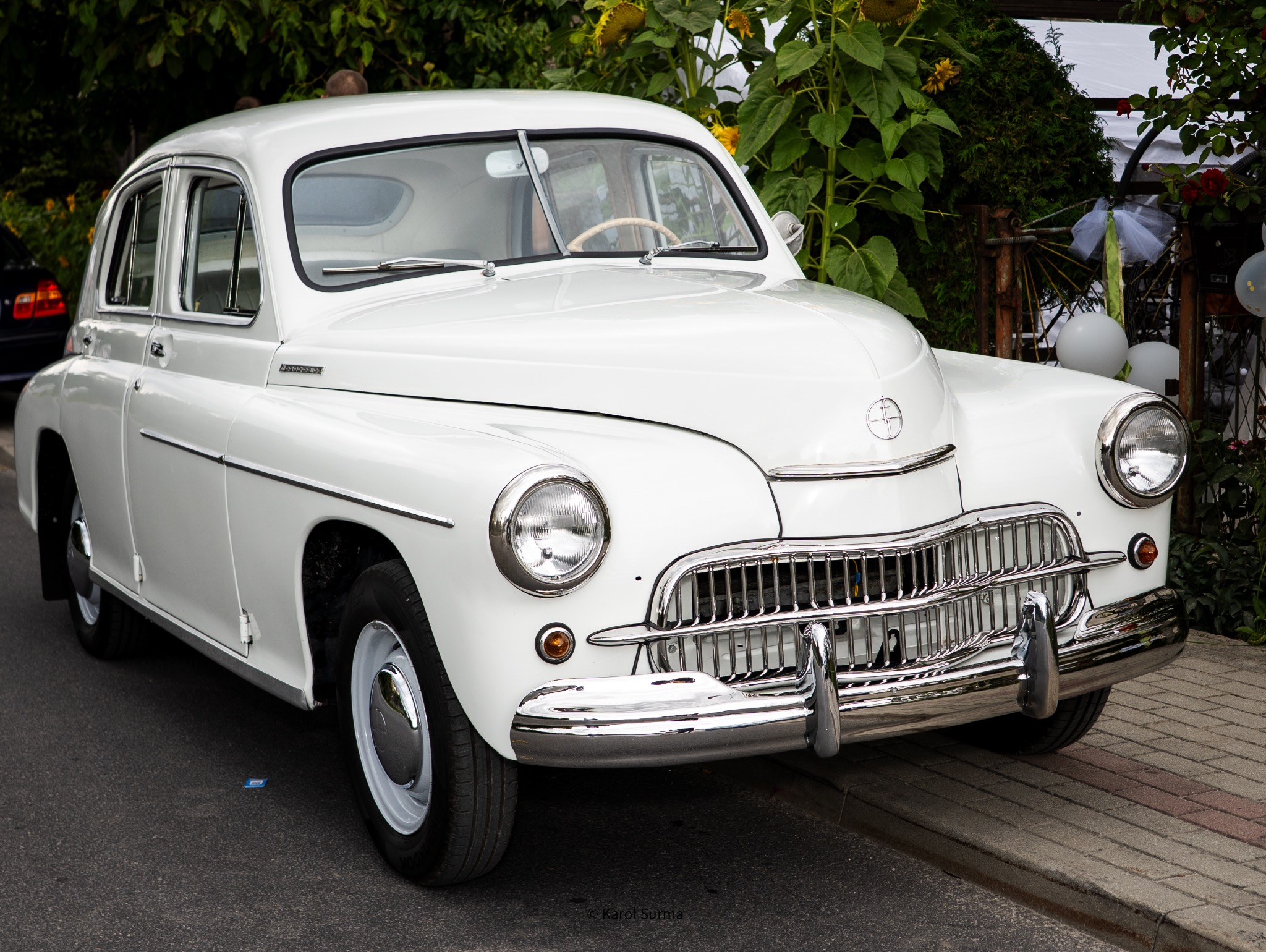 Biały, zabytkowy samochód GAZ-21 Wołga, udekorowany na ślub, z widocznymi elementami dekoracyjnymi i roślinnością w tle, zaparkowany na ulicy.