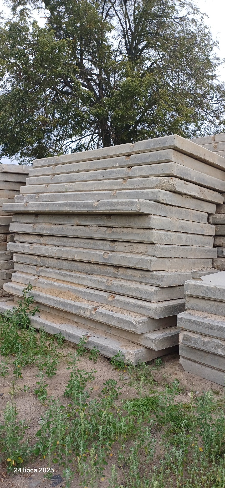 Stos szarych, prostokątnych płyt drogowych ułożonych na ziemi z zieloną roślinnością i drzewem w tle, widok z bliska, lekko z dołu.