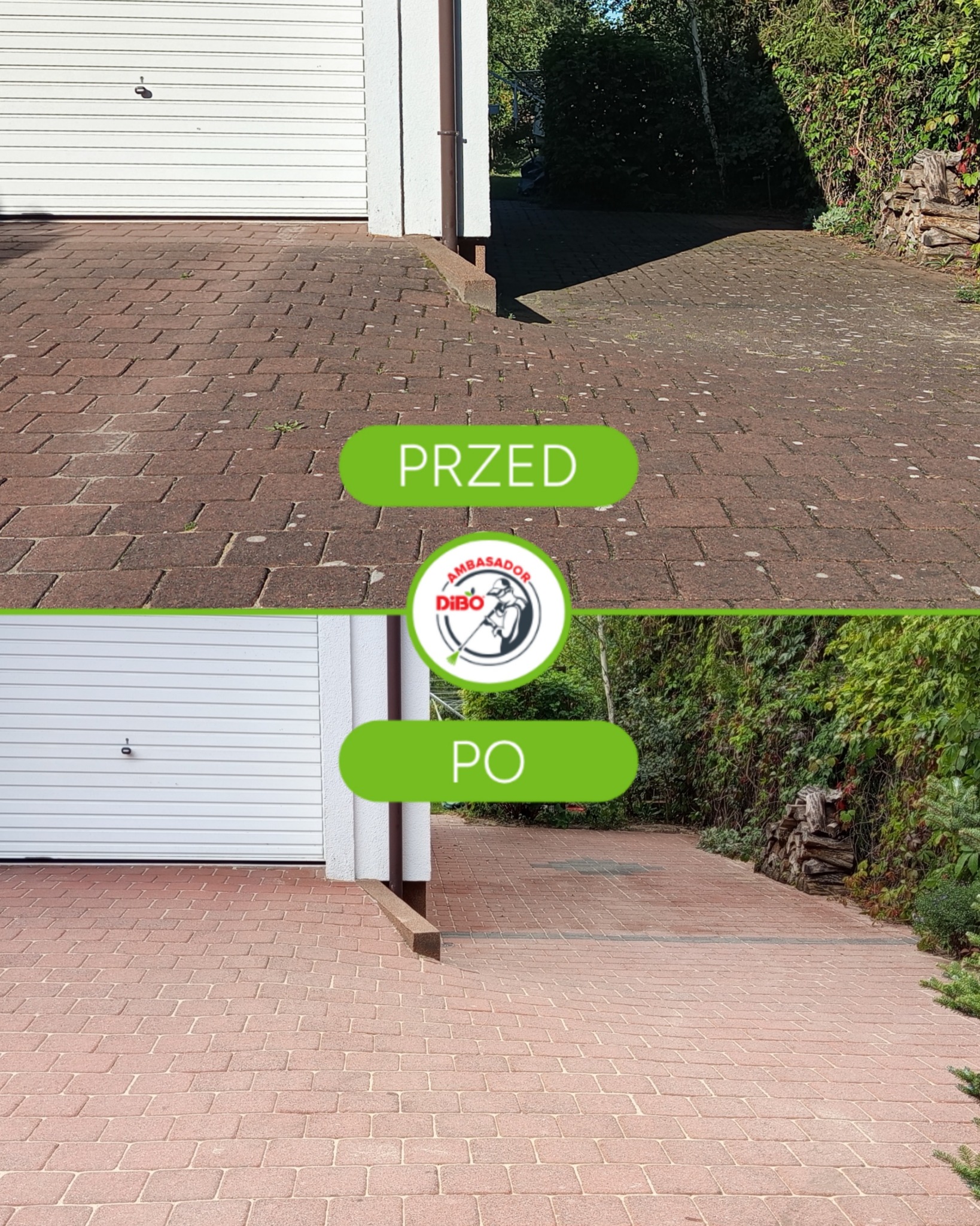 Zdjęcie 'przed i po' mycia kostki brukowej przy garażu. Widoczne różnice w czystości i kolorze kostki.