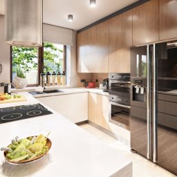 Your Hub Sp. z o.o. - Wizualizacja nowoczesnej kuchni z białą zabudową, drewnianymi akcentami i dużym oknem. Na blacie owoce w misie, a na ścianie dekoracje geometryczne.