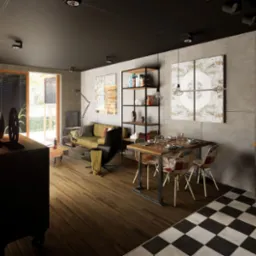 Wnętrze w stylu industrialnym: betonowe ściany, drewniana podłoga, metalowe akcenty. Duże okno wpuszcza światło. Stół z nakryciem i krzesłami. Czarno-biała podłoga.