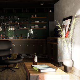 Your Hub Sp. z o.o. - Industrialne wnętrze z ciemną kuchnią, betonową ścianą i designerskim fotelem. Otwarta przestrzeń z drewnianym stolikiem kawowym i książką 'Hadid'.