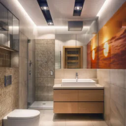 Nowoczesna łazienka w beżach i kamieniu, z przeszkloną kabiną prysznicową i panelem dekoracyjnym z motywem zachodu słońca. Umywalka z szafką, podwieszana toaleta.