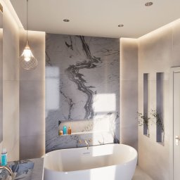 Your Hub Sp. z o.o. - Elegancka łazienka z wolnostojącą wanną, wykończona marmurowymi płytami i nastrojowym podświetleniem ścian.