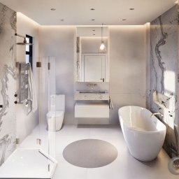 Your Hub Sp. z o.o. - Przestronna łazienka w jasnych tonach z marmurowymi akcentami, wolnostojącą wanną i elegancką kabiną prysznicową.