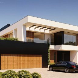 Nowoczesna willa o minimalistycznej bryle, z wyrazistymi kontrastami czerni, bieli i drewna, otoczona zadbaną zielenią.