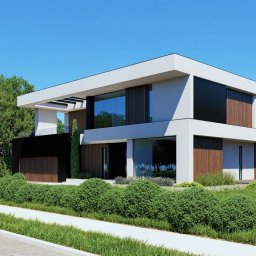 Elegancka willa w modernistycznym stylu z dużymi przeszkleniami, białą bryłą i drewnianymi akcentami, otoczona zielenią ogrodu.