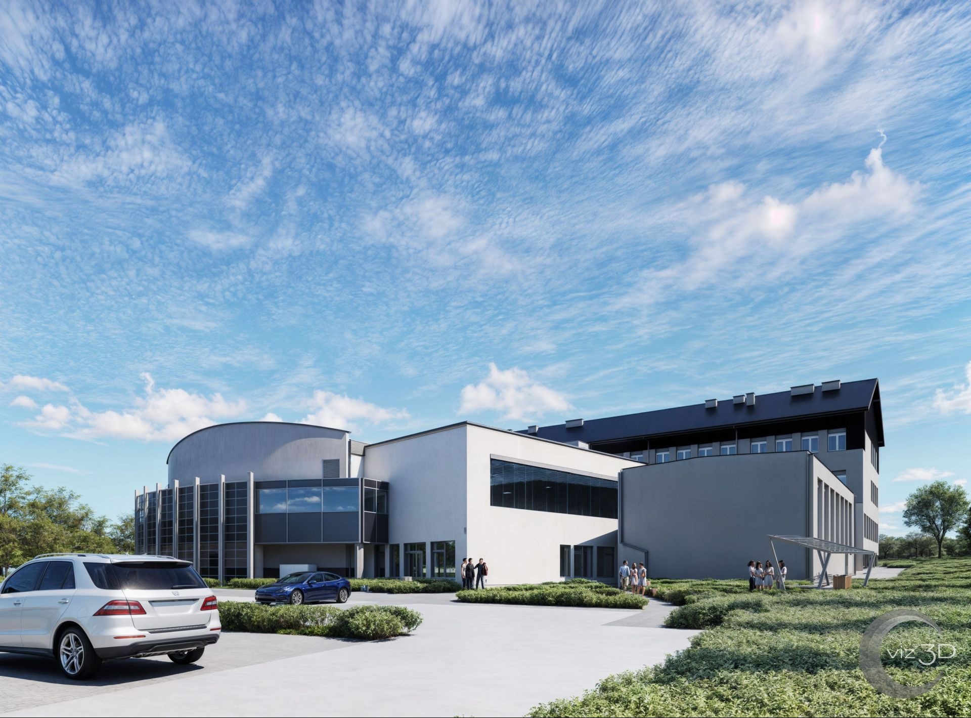 Wizualizacja nowoczesnego budynku uczelni z przeszkloną fasadą i minimalistyczną bryłą.