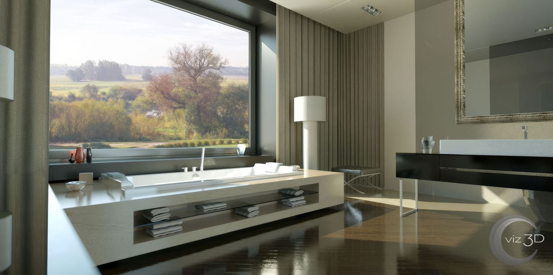Nowoczesna łazienka z wanną przy oknie, widok na jesienny krajobraz. Minimalistyczna umywalka i lustro w ozdobnej ramie. Drewniana podłoga odbija światło.