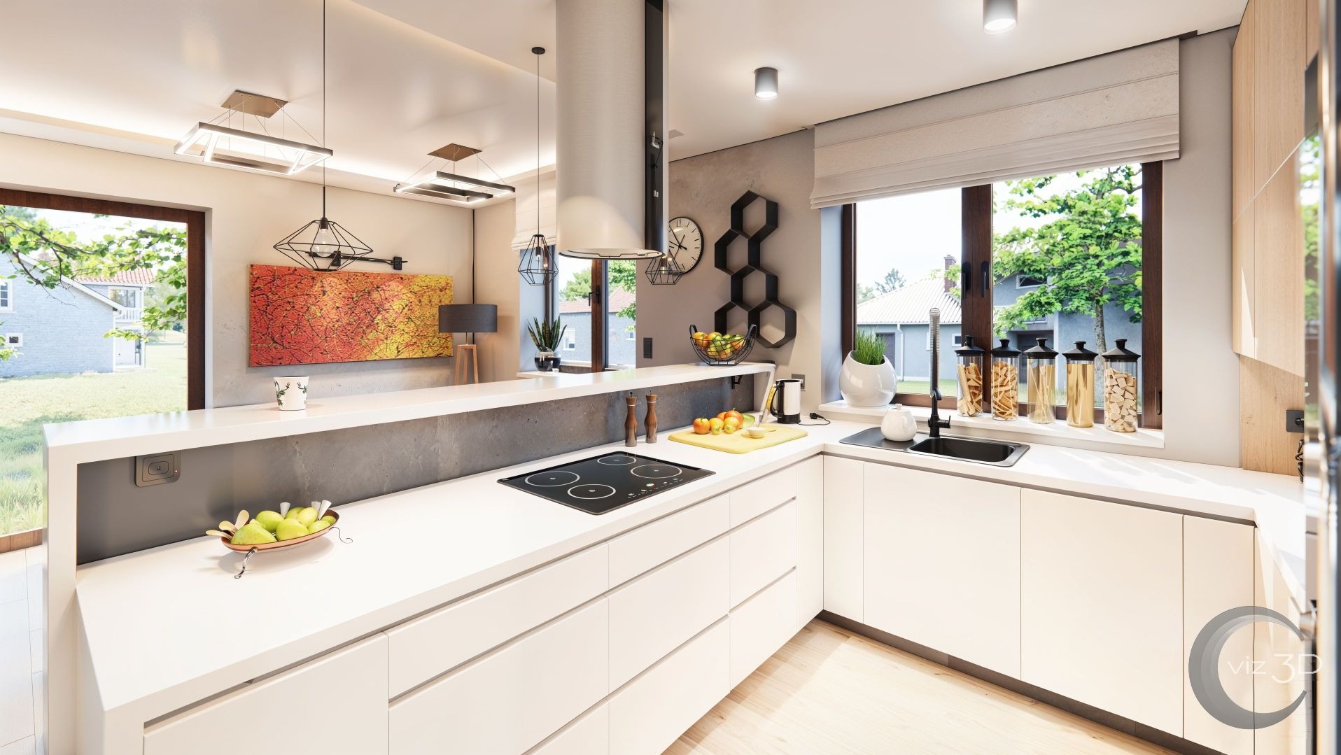 Wizualizacja nowoczesnej kuchni z białymi frontami, dużym oknem i wyspą. Uzupełniona o drewniane akcenty i geometryczne detale. Czarny zlew i płyta indukcyjna.