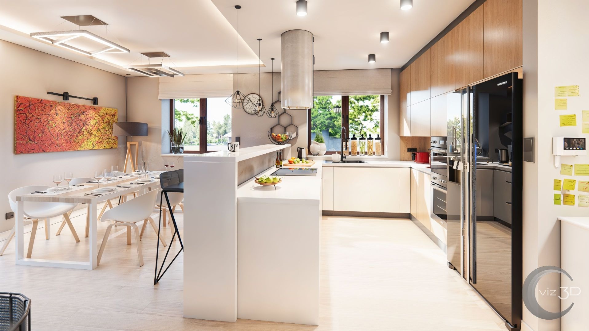 Wizualizacja jasnej kuchni z białymi meblami, drewnianymi akcentami i dużymi oknami. Stół z krzesłami w części jadalnej, minimalistyczne oświetlenie.