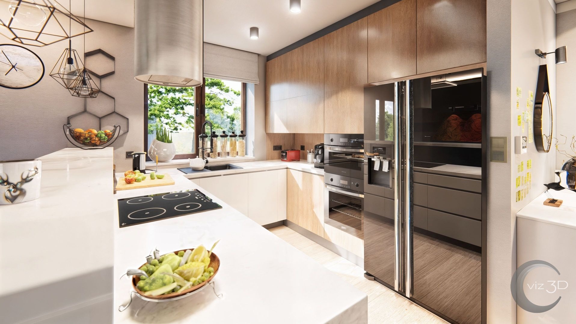 Wizualizacja nowoczesnej kuchni z białą zabudową, drewnianymi akcentami i dużym oknem. Na blacie owoce w misie, a na ścianie dekoracje geometryczne.