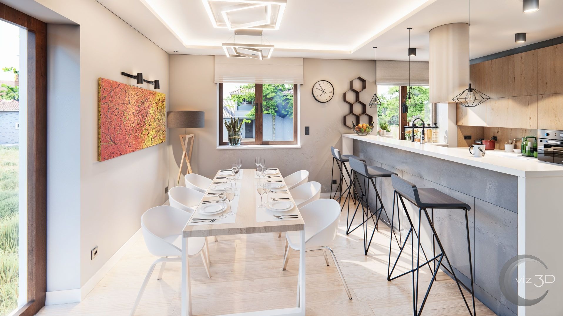 Wizualizacja jasnej kuchni z jadalnią: białe krzesła, drewniany stół, bar z hokerami, okno z widokiem na zieleń. Geometryczne lampy sufitowe i abstrakcyjny obraz.
