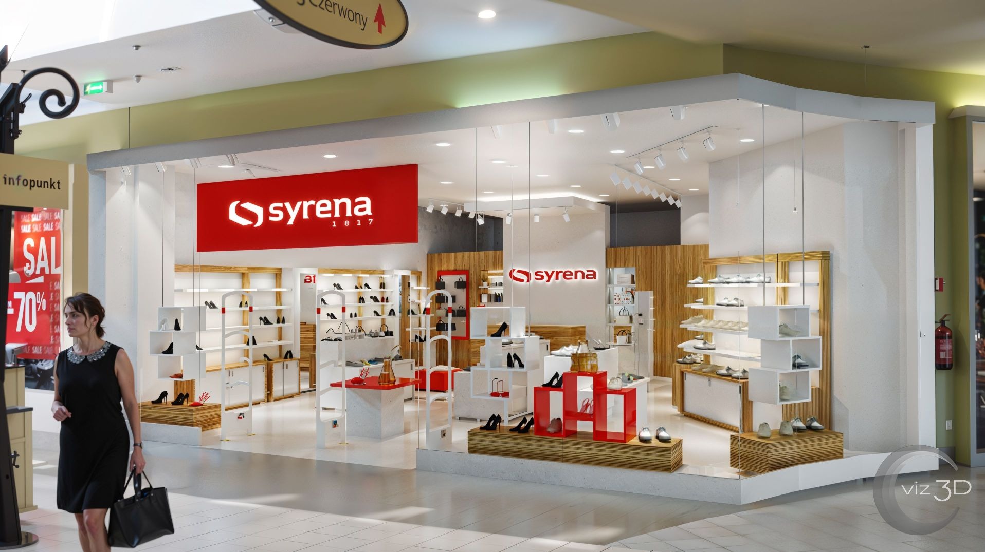 Wizualizacja sklepu obuwniczego Syrena: jasne wnętrze, przeszklona witryna, czerwone akcenty. Kobieta z torbą przed wejściem. Logo widoczne.