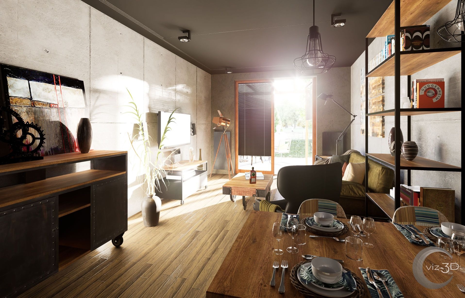 Wizualizacja wnętrza: betonowe ściany, drewniana podłoga, metalowe akcenty. Stół z zastawą na pierwszym planie, duże okno w tle. Industrialny styl z naturalnym światłem.