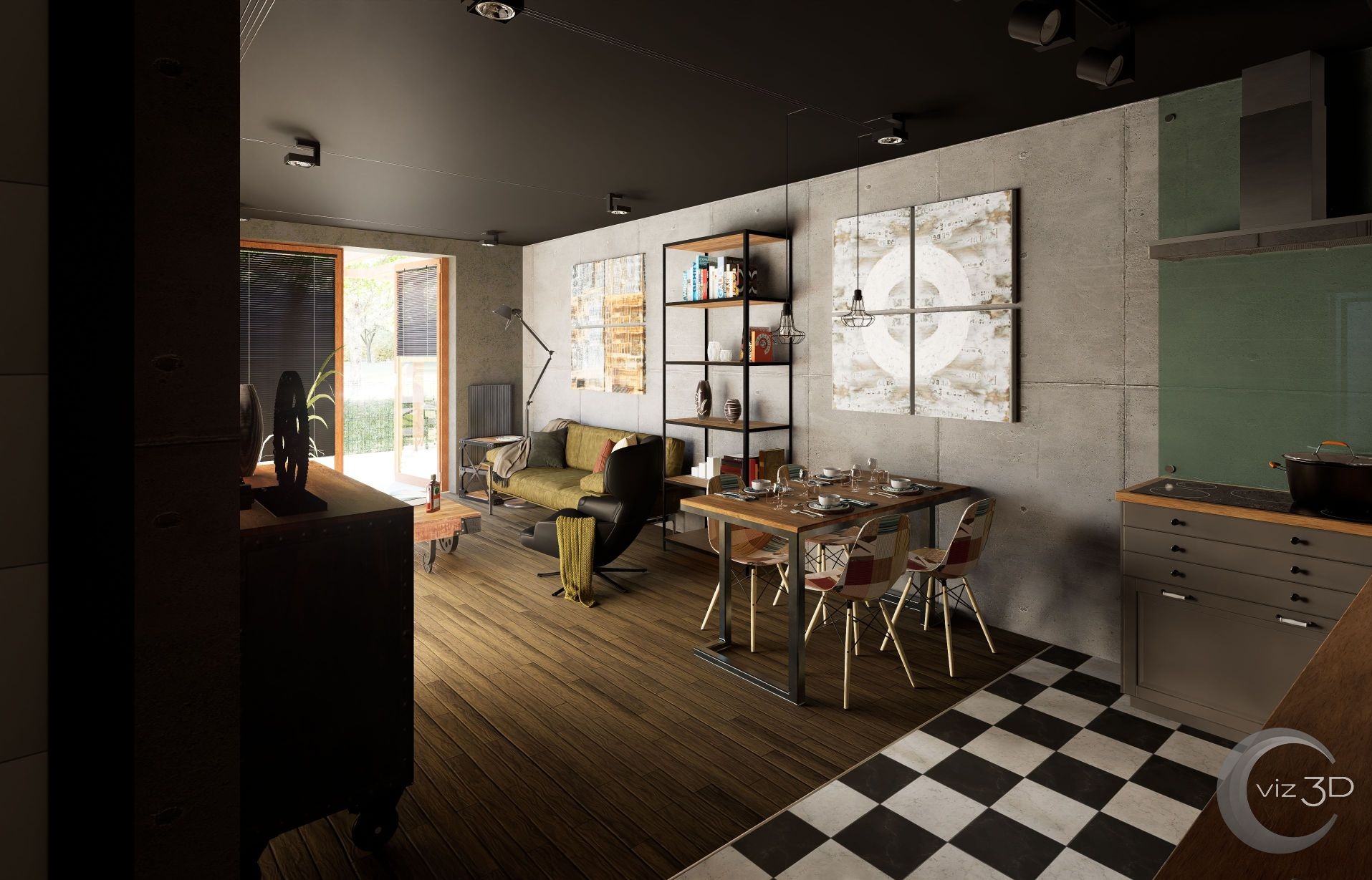 Wnętrze w stylu industrialnym: betonowe ściany, drewniana podłoga, metalowe akcenty. Duże okno wpuszcza światło. Stół z nakryciem i krzesłami. Czarno-biała podłoga.