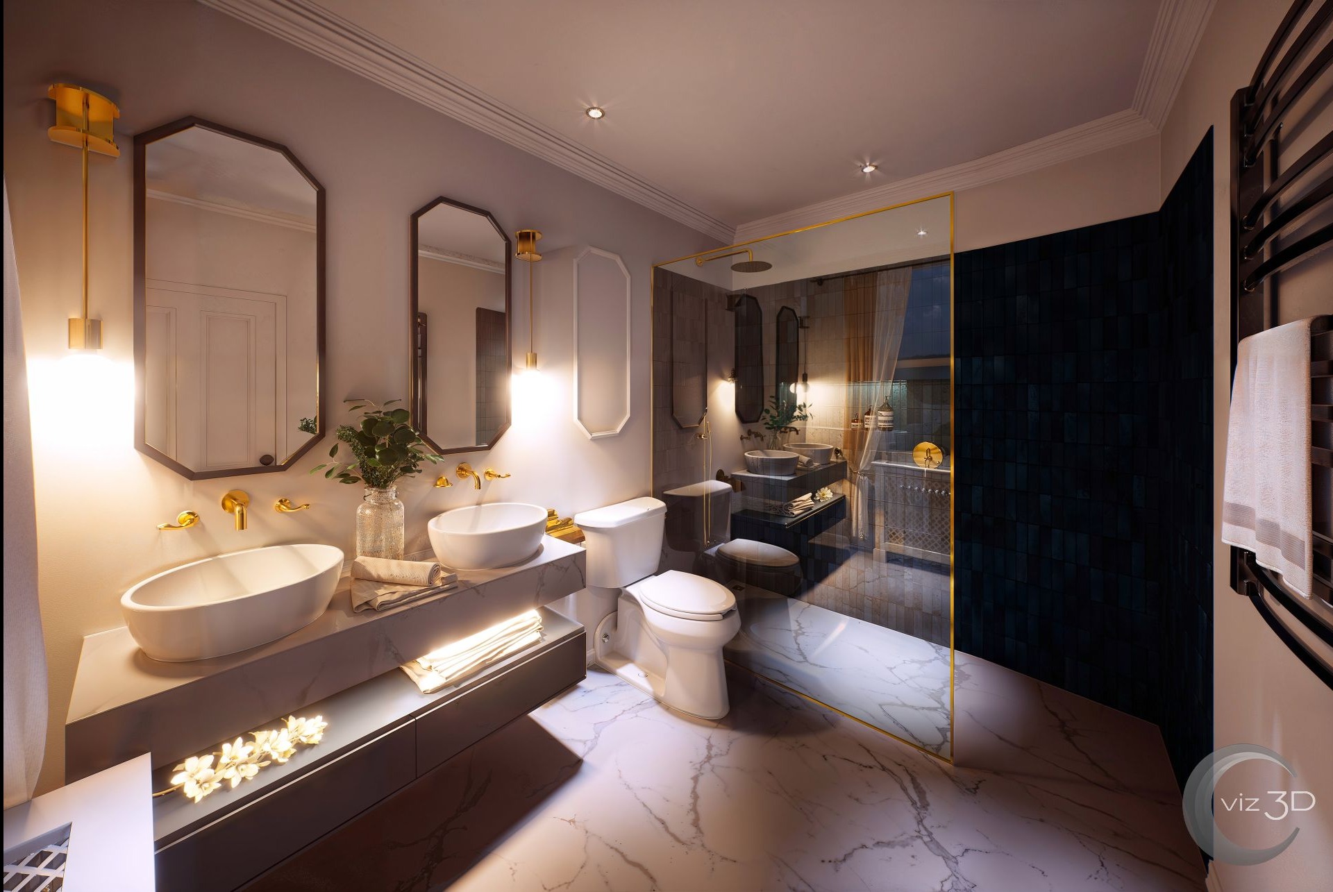 Elegancka łazienka glamour z marmurową podłogą, podwójną umywalką, złotymi akcentami i kabiną prysznicową ze złotym obramowaniem. Przytulne oświetlenie tworzy luksusową atmosferę.