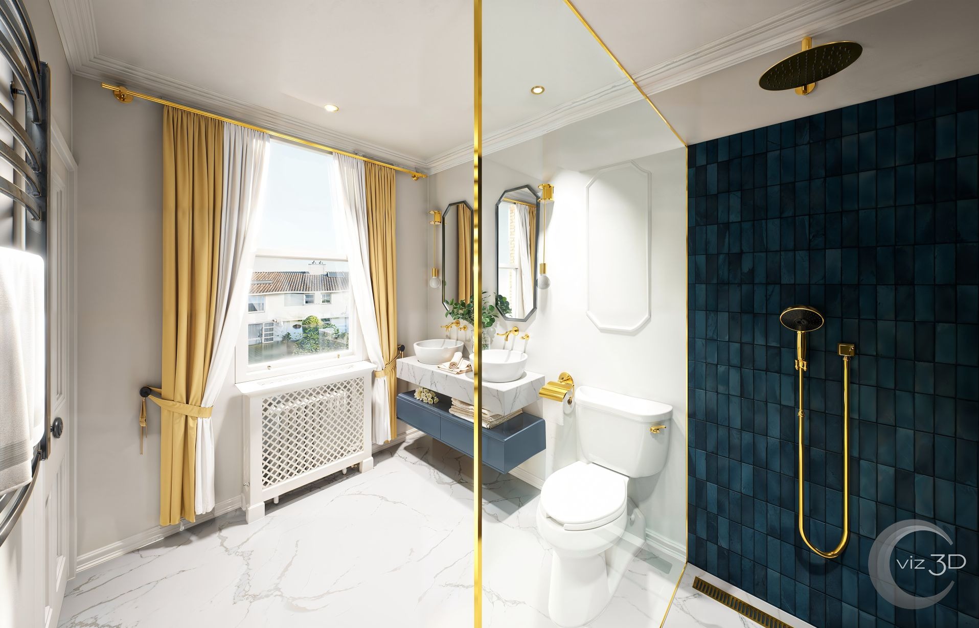 Elegancka łazienka w stylu klasycznym: marmurowa podłoga, złote akcenty, granatowe płytki w strefie prysznica i duże okno z widokiem na budynki.